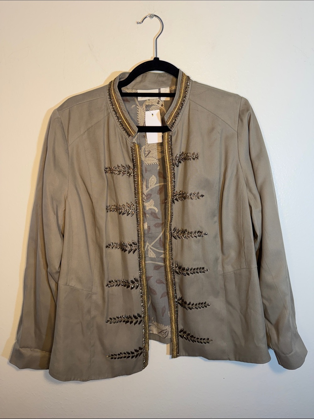 Chico's Taupe Okive Khaki Cooper Bronze Beaded Military-Style Band Jacket L XL